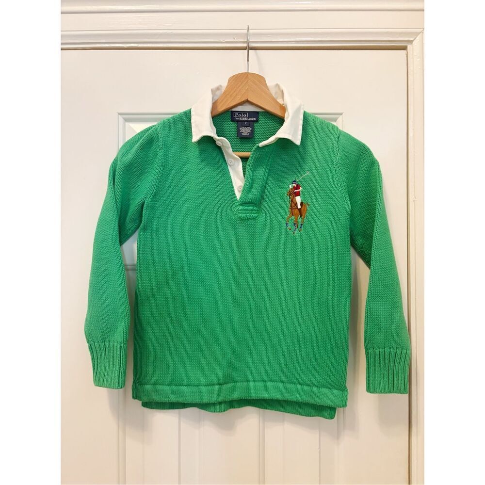 VTG Ralph Lauren Polo Kids Rugby Sweater Big Pony Green Size 7 Preppy